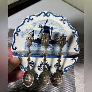 Delft Blue Holland Porcelain Hand Painted 3 Slot Elesva Souvenir Spoon Holder